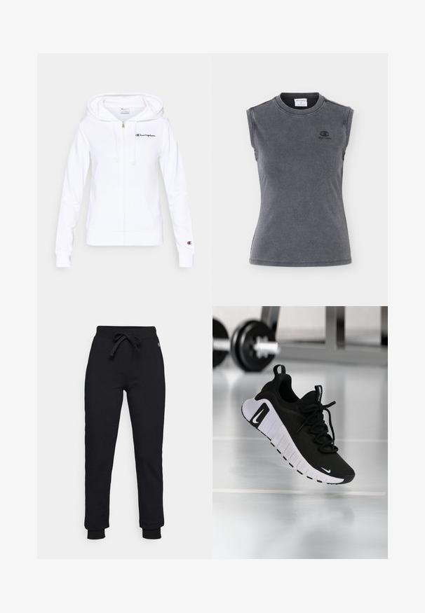 Valge lukuga dressipluus pehmest materjalist, esipõllega, kapuutsiga nööriga ja vasakul rinnal sinine Championi logo.; Hihaton tumehall ribidega tank top ümar kaelusega ja väikese musta Championi logoga vasakul rinnal.; Mustad mustakesed paelaga vöökohal, ribatud randmete ja vaevu märgatava logoplaadiga puusal. Valmistatud pehmest ja venivast materjalist.; Must spordijalats, millel on tekstureeritud kangast pealmine osa, valge tallaga ja silmatorkava paelasüsteemiga. Omab Nike logo ning pehme ja polsterdatud disain.