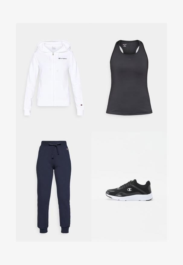 Sudadera con capucha blanca con cremallera, hecha de material suave, con bolsillo frontal, capucha con cordón y logotipo azul marino de Champion en el pecho izquierdo.; Camiseta deportiva negra con diseño de tirantes cruzados en la espalda, hecha de tela suave y elástica con costuras mínimas y detalle de logo en la parte frontal.; Pantalones de chándal azul marino hechos de una mezcla de algodón, con una cintura ajustable con cordón, puños acanalados y un pequeño logo en la cadera.; Zapatillas deportivas negras con parte superior de malla, suela de goma blanca y logo en tono en el lado. Con cordones y un collar acolchado para mayor soporte.