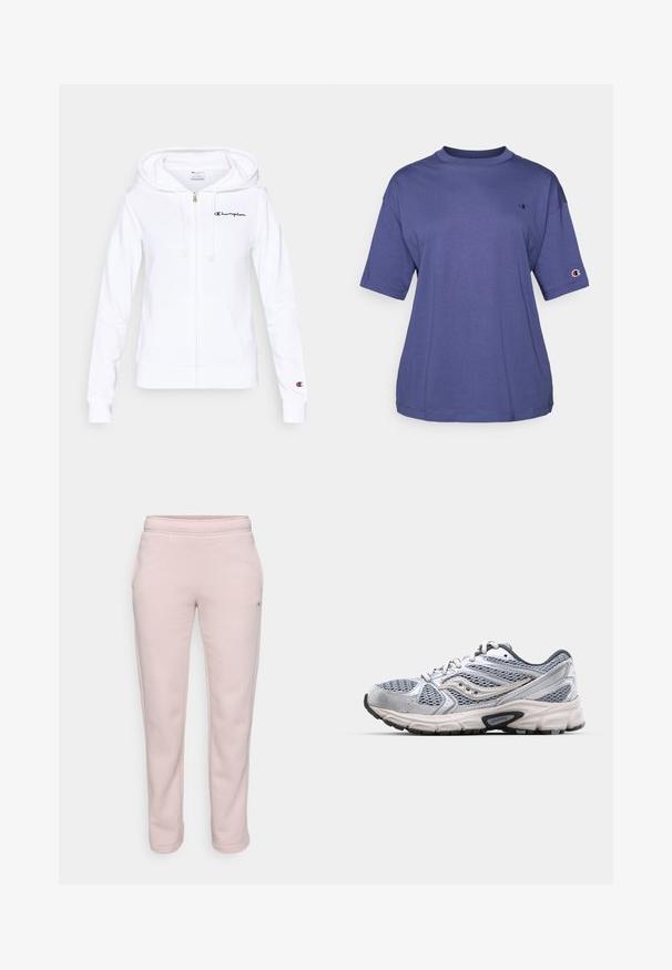 Hvid hættejakke med lynlås lavet af blødt materiale, der har en lomme foran, hætte med snøre og navyblåt Champion-logo på venstre bryst.; Lilla bomulds T-shirt med rund hals og korte ærmer, med et lille logo på brystet og et logo patch på ærmet.; Lyserøde sweatpants lavet af blødt stof, med en afslappet pasform, elastisk talje og sidelommer. Ingen synlige mønstre eller hardware.; Sølv løbesko med mesh-overdel, polstret sål og grå accenter. Har en rund tå og snørebåndsdesign. Branded logo synlig.