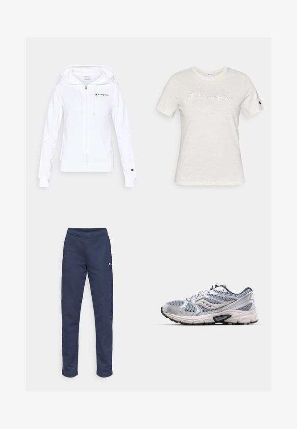 Sweat à capuche zippé blanc en matériau doux, avec poche avant, capuche à cordon de serrage et logo Champion bleu marine sur la poitrine gauche.; T-shirt en coton blanc avec manches courtes, col rond, et logo "Champion" brodé en texture contrastée sur le devant.; Pantalon de survêtement bleu marine en tissu doux, avec une coupe droite, une taille élastique et un petit logo sur le côté.; Bottine de course argentée avec tige en mesh, semelle rembourrée et accents gris. Dotée d'un bout arrondi et d'un design à lacets. Logo de la marque visible.