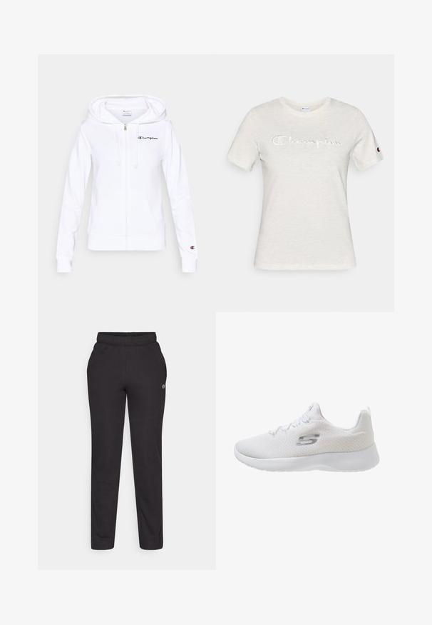 Sudadera con capucha blanca con cremallera, hecha de material suave, con bolsillo frontal, capucha con cordón y logotipo azul marino de Champion en el pecho izquierdo.; Camiseta blanca de algodón con mangas cortas, cuello redondo y logotipo "Champion" bordado en una textura contrastante en la parte delantera.; Pantalones deportivos negros hechos de una tela suave, con una cintura elástica, piernas rectas y un pequeño logo en el costado.; Skechers DYNAMIGHT 2.0 - Zapatillas - white
