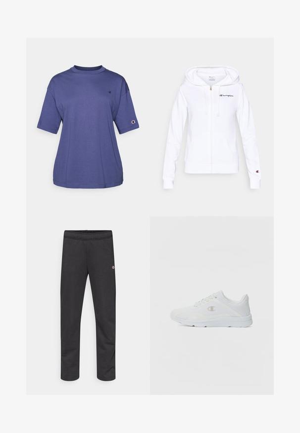 Sudadera con capucha blanca con cremallera, hecha de material suave, con bolsillo frontal, capucha con cordón y logotipo azul marino de Champion en el pecho izquierdo.; Camiseta de algodón morada de cuello redondo y manga corta, que presenta un pequeño logo en el pecho y un parche del logo en la manga.; Pantalones jogger de algodón negro con cintura elástica y un pequeño logo en el lateral. Textura suave, diseño entallado, sin patrones adicionales.; Zapatillas deportivas blancas con parte superior de malla texturizada, cuello acolchado y logo en contraste en el costado. Cuenta con una suela de goma ligera.