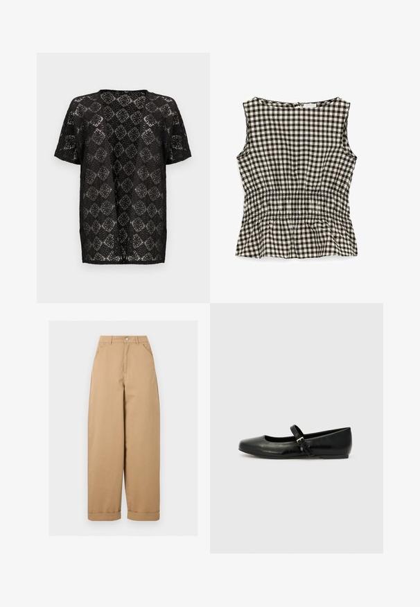 Cardigan noir à manches courtes et devant ouvert, avec un motif en dentelle raffiné et un design géométrique inspiré des fleurs.; Blouse sans manches à carreaux vichy noir et blanc avec taille élastique et encolure ronde, vue de dos.; Pantalon beige taille haute à jambes larges avec poches avant, passants de ceinture, fermeture par boutons et ourlets retroussés.; Ballerines en cuir noir avec un bout arrondi, une semelle plate et une fine sangle ajustable sur le cou-de-pied avec une boucle en métal.