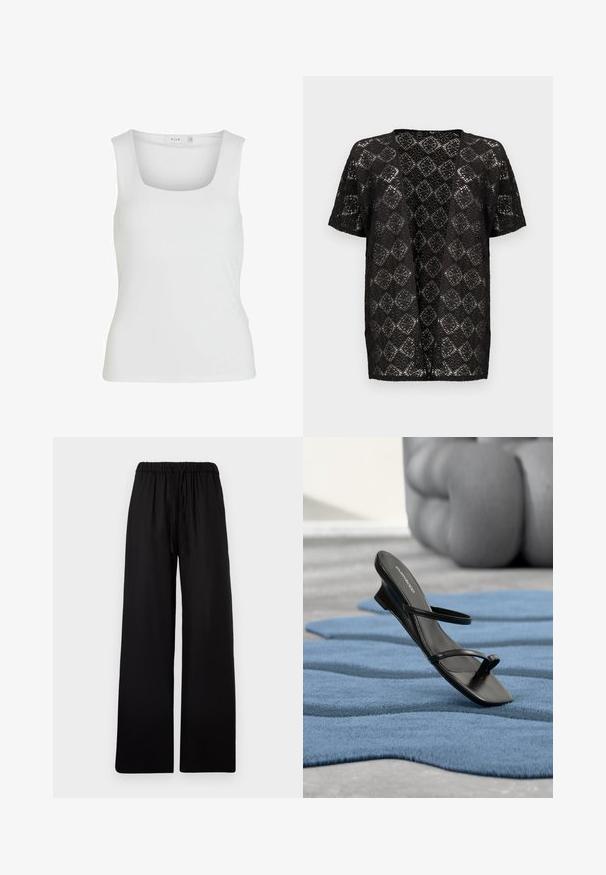 Cardigan noir à manches courtes et devant ouvert, avec un motif en dentelle raffiné et un design géométrique inspiré des fleurs.; Débardeur blanc sans manches avec un décolleté carré, texture lisse et design ajusté. Fabriqué en tissu léger.; Pantalon noir à jambes larges avec taille élastique et cordon, présenté à plat sur un fond gris clair.; Sandale noire à brides avec boucle d’orteil exposée sur un tapis texturé bleu, avec un grand objet décoratif gris flouté en arrière-plan.