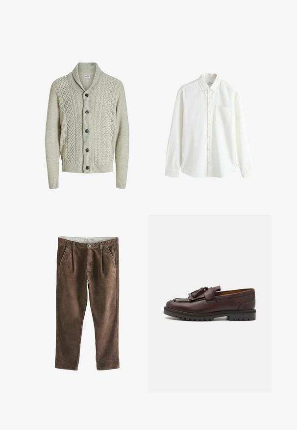 Cardigan en tricot gris clair avec un col châle, des boutons sur le devant et des motifs texturés. Des poignets et un ourlet côtelés complètent le design.; Chemise blanche à manches longues boutonnée avec une poche poitrine et un col boutonné, présentée à plat sur un fond blanc.; Pantalon en velours côtelé marron avec un motif côtelé texturé, comprenant deux poches avant et une fermeture à un bouton à la taille.; Zign Mocassins de ville - brown