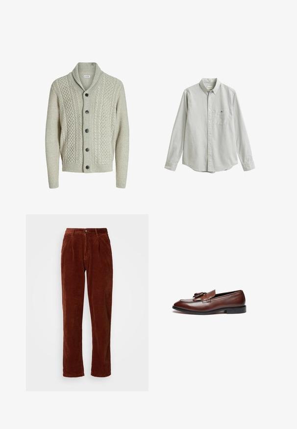 Lys grå strikket cardigan med sjalskrave, frontknapper og strukturerede mønstre. Ribbestrikkede manchetter og kant fuldender designet.; Langærmet skjorte med knapper, lysegrå og hvide lodrette striber, krave, brystlomme og knappede manchetter.; Corduroybukser i en rig brun farve; har en plisseret front, lige ben og en knaplukning ved taljen.; Brune læder loafers med en glat finish, dekorative kvaster, en rund tå og en lav sort gummisål.