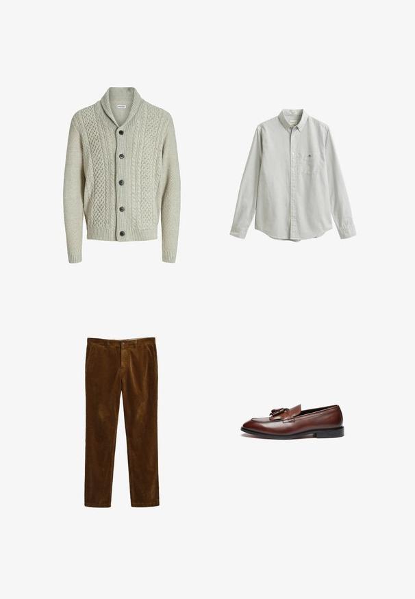 Lys grå strikket cardigan med sjalskrave, frontknapper og strukturerede mønstre. Ribbestrikkede manchetter og kant fuldender designet.; Langærmet skjorte med knapper, lysegrå og hvide lodrette striber, krave, brystlomme og knappede manchetter.; Brune corduroy bukser med et lige ben-design, der har en frontlukning med knap og to sidelommer. Tekstiler med ribbet mønster.; Brune læder loafers med en glat finish, dekorative kvaster, en rund tå og en lav sort gummisål.