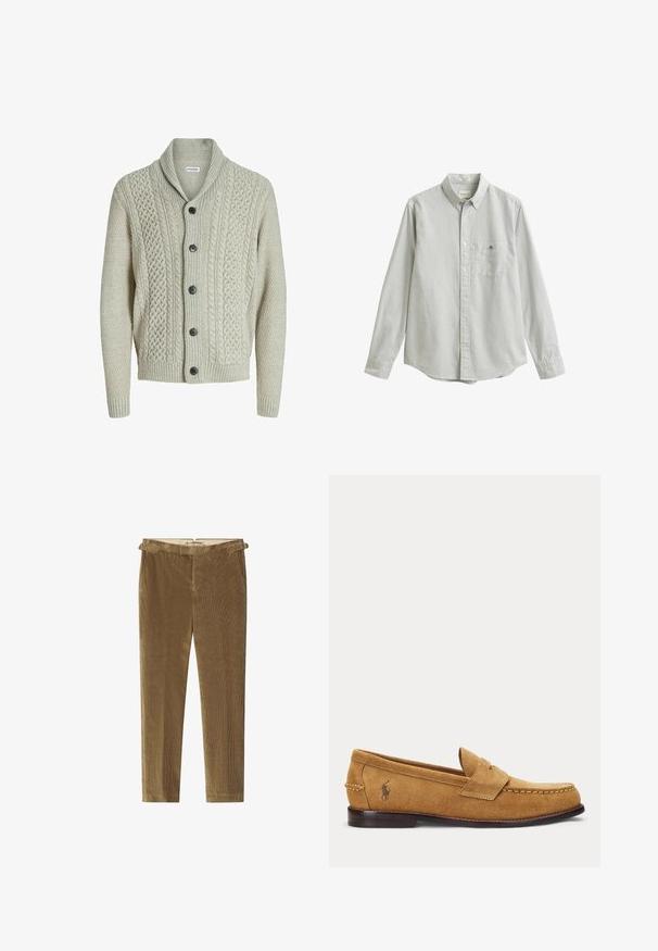Svetlo šedý pletený cardigan s klope, prednými gombíkmi a vzorovaním. Design dopĺňajú rebrované manžety a lem.; Košeľa s dlhým rukávom na gombíky so svetlo šedými a bielymi vertikálnymi pásmi, golierom, náprsným vreckom a manžetami na gombíky.; Hnedé kordové nohavice so strihom straight-leg, s jemnou ribbed textúrou a pútkami na opasok v pase.; Semišový mokasín v béžovej farbe s prešitými detailmi a malým vyšitým logom koňa na boku, s nízkym dreveným podpätkom a slip-on dizajnom.