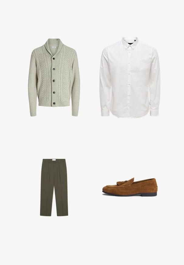 Cárdigan de punto gris claro con cuello de chal, botones en la parte delantera y patrones texturizados. Las mangas y el dobladillo acanalados completan el diseño.; Camisa blanca de manga larga abotonada con cuello, con una textura suave y seis botones en el frente. Corte ajustado y mangas con puños.; Pantalones verde oliva con rayas verticales, que cuentan con una cintura entallada, pliegues y un diseño de pierna recta. Textura suave.; Mocasín marrón de ante para hombre con detalle de borla y suela negra baja, lateral con el nombre de la marca en relieve.
