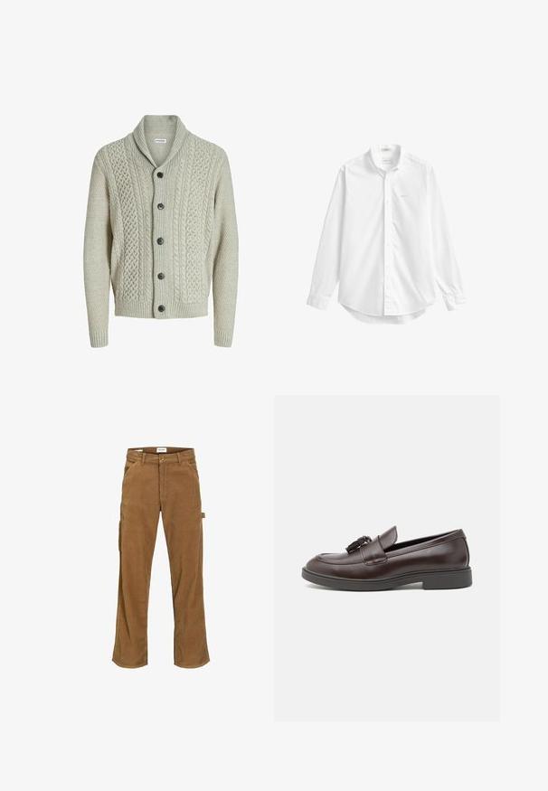 Cardigan de tricô cinza claro com colarinho xale, botões frontais e padrões texturizados. Punhos e barra canelados completam o design.; Camisa branca de manga comprida com botões, gola, pequeno logótipo bordado no peito e bainha curva.; Calças de cotim castanhas com corte regular, apresentando bolsos laterais, um único bolso de carga e um fecho com botão na cintura.; Mocassins de couro castanho com bico arredondado, um tassel decorativo, detalhes costurados e um pequeno salto em borracha para maior conforto.