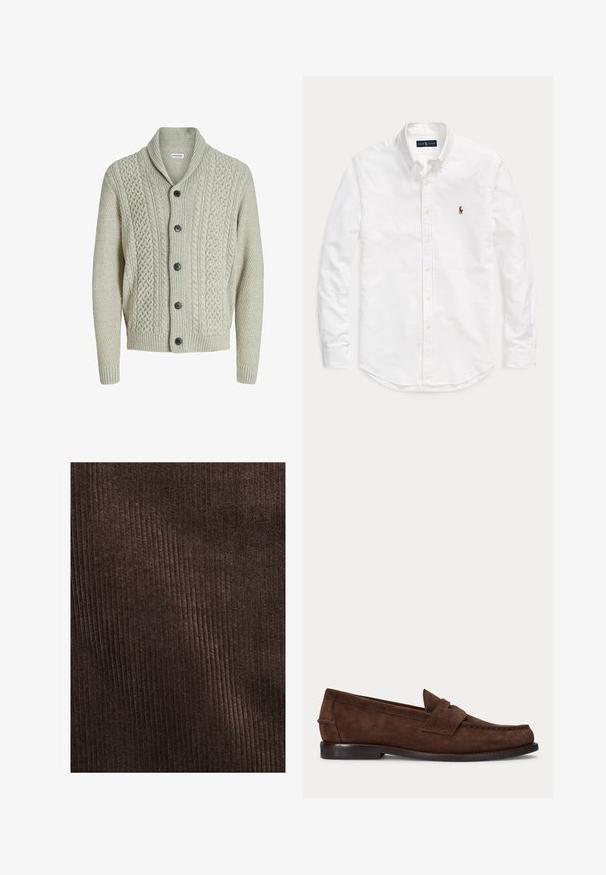 Svetlo šedý pletený cardigan s klope, prednými gombíkmi a vzorovaním. Design dopĺňajú rebrované manžety a lem.; Biela košeľa s dlhým rukávom na gombíky s golierom a malým vyšívaným logom na ľavej strane hrudníka, položená na rovnom povrchu na jednoduchom pozadí.; Hnedá kordurová tkanina s vertikálnymi pruhmi, jemnou textúrou a hlbokou, bohatou farbou, vhodná na čalúnenie alebo oblečenie.; Hnedý semišový penny loafer s nízkym opätkom a viditeľným prešitím pozdĺž špičky, bokov a zadnej časti, zobrazený na jednolivom svetlom pozadí.