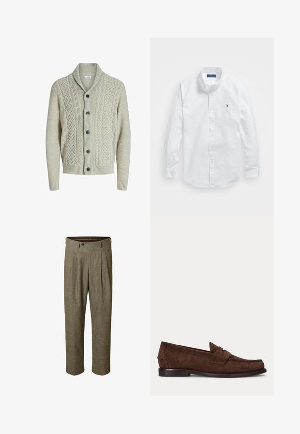 Cardigan en tricot gris clair avec un col châle, des boutons sur le devant et des motifs texturés. Des poignets et un ourlet côtelés complètent le design.; Chemise blanche en coton à boutons, avec un col classique, des manches longues et un petit logo brodé sur la poitrine gauche.; Pantalon marron à motif à carreaux avec un devant plissé, des poches latérales, une taille avec passants pour ceinture et une fermeture par bouton.; Mocassin penny en daim marron avec un petit talon et des coutures visibles le long de l'orteil, du côté et à l'arrière, présenté sur un fond clair uni.