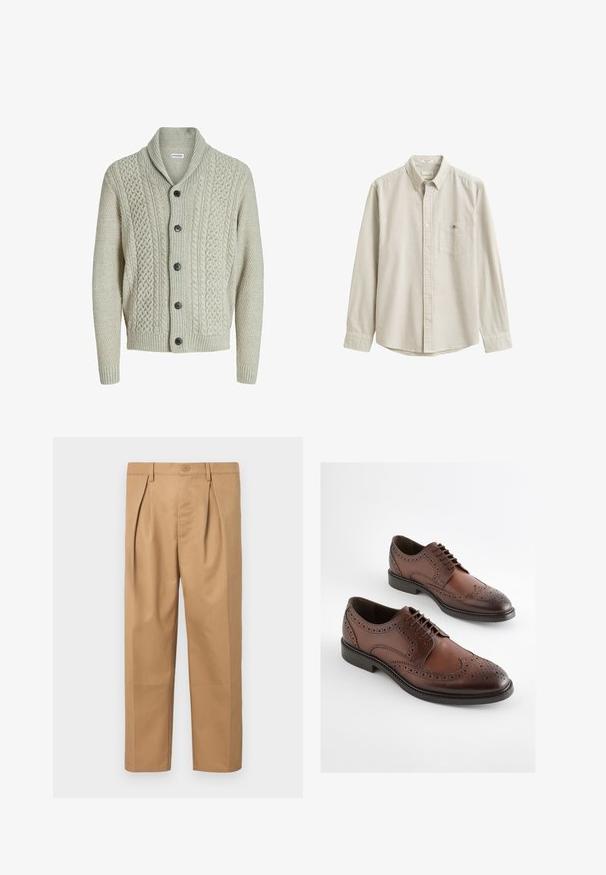 Cárdigan de punto gris claro con cuello de chal, botones en la parte delantera y patrones texturizados. Las mangas y el dobladillo acanalados completan el diseño.; Camisa beige y blanca de rayas verticales, de manga larga, con botones, cuello y bolsillo en el pecho, presentada plana sin persona.; Pantalones de algodón color canela con un corte holgado, diseño plisado, cinturilla con cierre de botón y pernera recta. Textura suave sin patrones.; Zapatos de vestir brogue de cuero marrón con detalles perforados y suelas negras, mostrados uno al lado del otro sobre un fondo blanco.