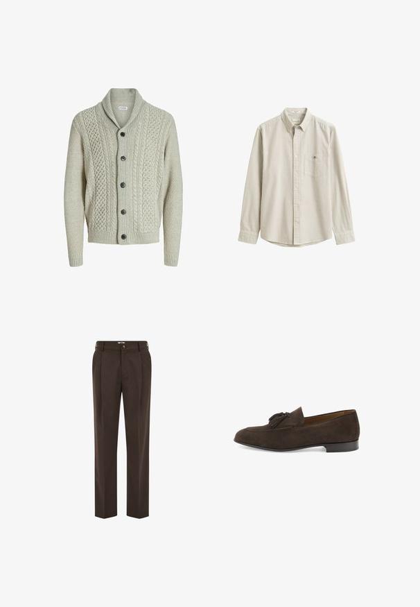 Cardigan en tricot gris clair avec un col châle, des boutons sur le devant et des motifs texturés. Des poignets et un ourlet côtelés complètent le design.; Chemise beige et blanche à rayures verticales, à manches longues, boutonnée, avec col et poche poitrine, présentée à plat sans personne.; Pantalon marron foncé sur mesure avec plis à l'avant, passants de ceinture, fermeture par bouton et coupe droite.; Mocassin pour homme en daim marron foncé avec pampilles, talon bas et bout arrondi, présenté de profil sur un fond blanc.
