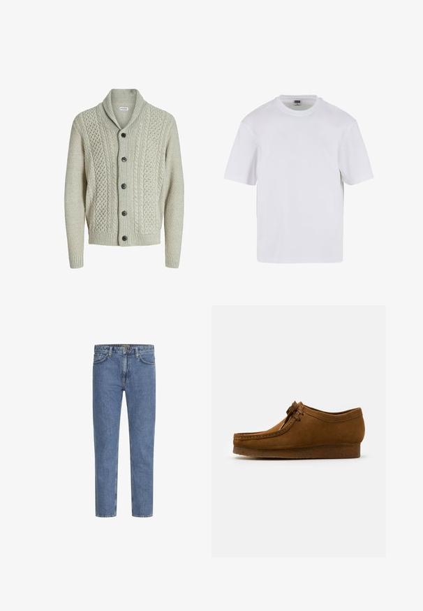 Lys grå strikket cardigan med sjalskrave, frontknapper og strukturerede mønstre. Ribbestrikkede manchetter og kant fuldender designet.; Hvid kortærmet t-shirt lavet af bomuld. Har en rund halsudskæring og en afslappet pasform. Glat tekstur, minimalistisk design, ingen mønstre eller accenter.; Lyseblå denimjeans med lige ben, fem lommer og kontrastsyede syninger. Let falmet for et slidt look. Kraftig metal knap.; Brune ruskind sko med rund tå og lav hæl, detaljeret syning langs sømmene og snørelukning fortil. Blød tekstur med strømlinet design.