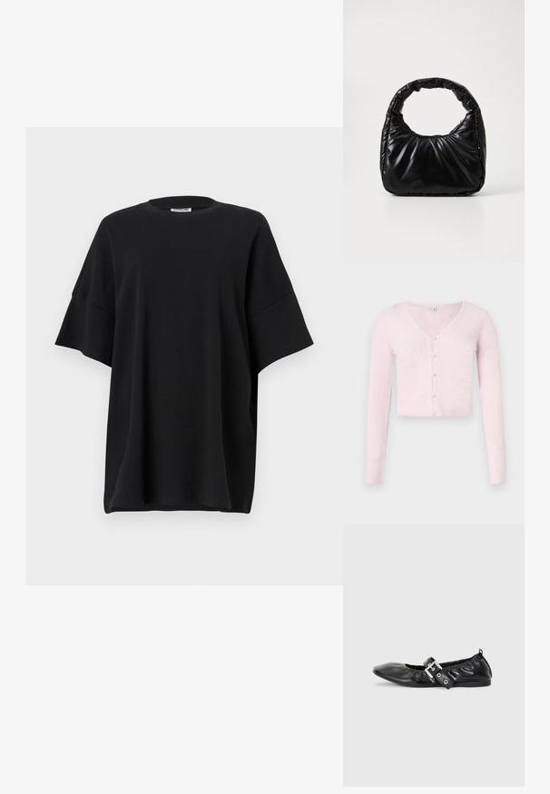 Lichtroze cropped vest gemaakt van geribbelde gebreide stof, met een V-hals, lange mouwen en parelmoerachtige knopen aan de voorkant.; Zwarte oversized t-shirt van katoen, met een ronde halslijn en korte, brede mouwen. Het heeft een soepele textuur en een relaxte pasvorm.; Zwarte leren platte schoen met een spitse neus, geplooide details rond de opening en een zilveren gespaccentueerde verstelbare band.; Zwarte gevoerde handtas met een ronde handgreep, met een gladde, glanzende oppervlakte en een zachte, gewatteerde textuur. Geen zichtbare metalen onderdelen of accenten.