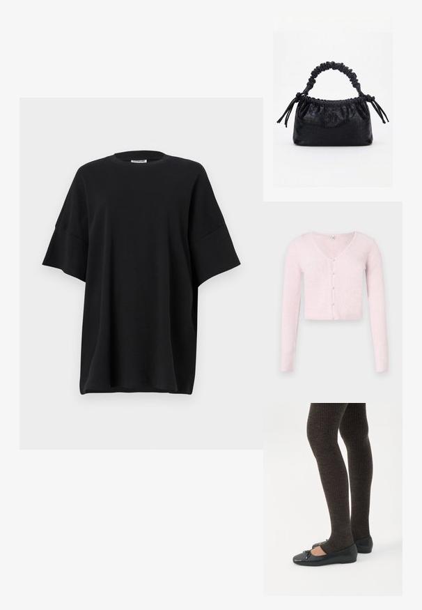 Lyserød, kort cardigan lavet af ribstrikket stof med V-udskæring, lange ærmer og perleagtige knapper foran.; Sort oversized t-shirt lavet af bomuld, med rund halsudskæring og korte, brede ærmer, der har en glat tekstur og en afslappet pasform.; Ben iført mørke ribbede leggings kombineret med sorte balletsko med små sløjfedetaljer på hvid baggrund.; Sort taske med krokodilletekstur, rynket øverste kant, samlet hank og snore med kvaster på hver side mod en hvid baggrund.