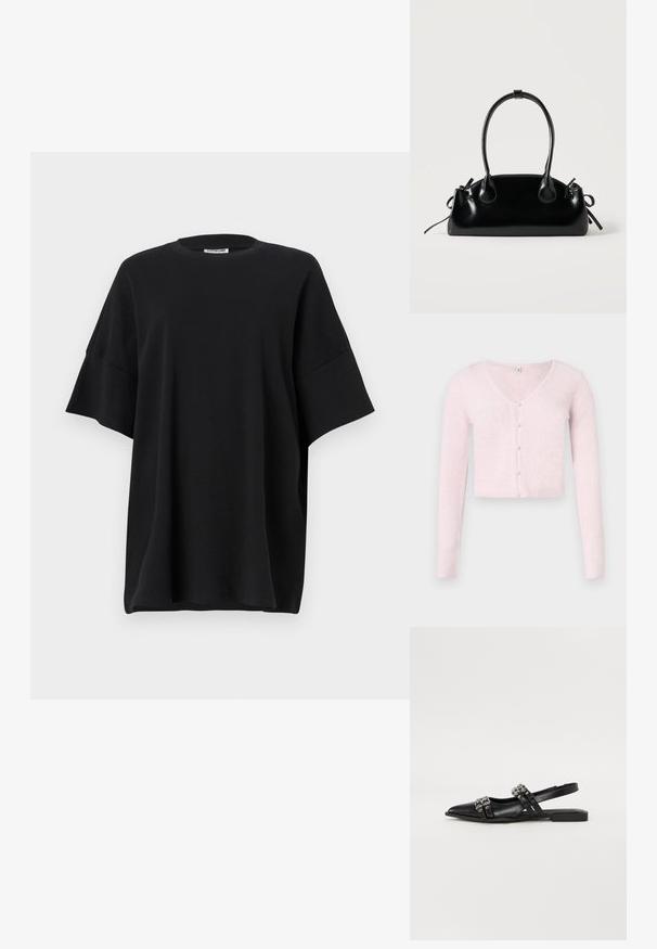 Hele roosa lühike kardigan soonikkoes kangast, millel on V-kaelus, pikad varrukad ja ees pärlike sarnased nööbid.; Must have must be cotton oversized must have a round neckline and short wide sleeves with a smooth texture and relaxed fit.; Even&Odd Kannarihmaga baleriinad - black; Väike must läikiv käekott kahe pika sangaga ja külgedel paelakinnitustega, ühel lihtsal helel taustal.