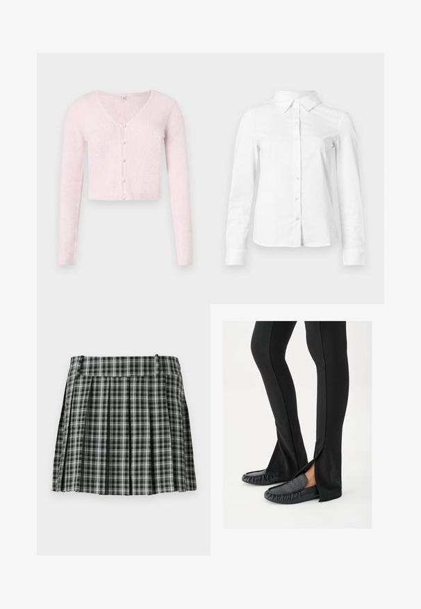 Cardigan court rose clair en tissu tricoté côtelé, avec un décolleté en V, des manches longues et des boutons semblables à des perles sur le devant.; Chemise blanche à manches longues avec boutons, col pointu, ourlet droit et silhouette ajustée, présentée sur un fond clair uni.; Jupe plissée à carreaux noir et blanc avec une taille lisse et de multiples plis verticaux. Fabriquée en tissu léger.; Jambes portant un pantalon noir évasé avec des fentes latérales, associé à des mocassins en cuir noir, sur un fond blanc.