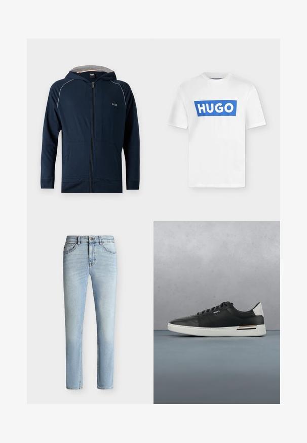 Marineblaue Zip-Hoodie mit grauem Innenfutter der Kapuze, Fronttaschen, subtilen weißen Paspeln an den Schultern und "BOSS"-Logo auf der Brust.; Weißes T-Shirt mit kurzen Ärmeln und einem blauen rechteckigen Logo mit dem Schriftzug „HUGO“ in der Mitte der Brust.; Hellblaue Slim-Fit-Jeans aus Denim mit vorne Knopf und Reißverschluss, Fünf-Taschen-Design und subtiler Verblassung vom Oberschenkel bis zum Knie.; Schwarze Ledersneaker mit weißer Sohle, ausgestattet mit Perforationen, Schnürdesign, Logo an der Seite und kontrastierenden Fersendetails in Weiß und Braun.