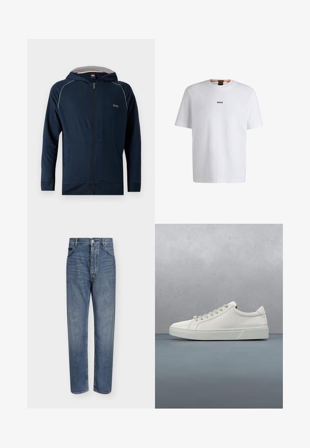Marineblaue Zip-Hoodie mit grauem Innenfutter der Kapuze, Fronttaschen, subtilen weißen Paspeln an den Schultern und "BOSS"-Logo auf der Brust.; Weißes Baumwoll-T-Shirt mit kurzen Ärmeln, ausgestattet mit einem schwarzen "BOSS"-Logo, das mittig auf der Brust platziert ist, und einem runden Halsausschnitt.; Gerade geschnittene blaue Jeans aus Denim mit hoher Taille, Frontknopfverschluss und Fünf-Taschen-Design auf einem schlichten hellen Hintergrund.; Weißes Leder-Sneaker mit abgerundetem Zehenbereich, minimalistisches Design, graue Schnürsenkel und einer strukturierten grauen Gummisohle. Dezente Nähte sichtbar.