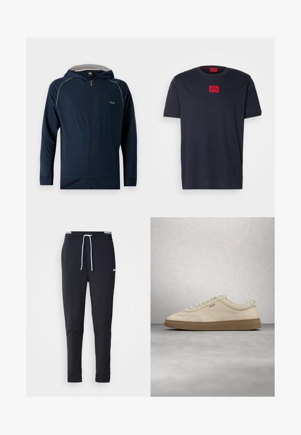 Mørkeblå hættetrøje med lynlås, gråt inderfor i hætten, forlommer, diskret hvid piping på skuldrene og "BOSS" logo på brystet.; Sort bomulds t-shirt med korte ærmer, der har et rødt kvadratisk logo med teksten "HUGO" på brystet. Klassisk crewneck-design.; Sorte slim-fit joggingbukser med hvid snor, elastisk talje med hvide striber og lille hvidt logo på den øverste lår.; Lyse beige ruskindssneaker med gummisål i farven gum, tydelige snørebånd og fine syningsdetaljer. Ren design med et minimalistisk æstetisk udtryk.