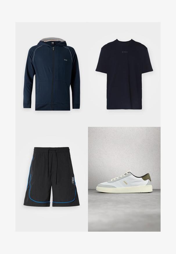 Sudadera con capucha azul marino con cremallera, forro interior gris, bolsillos delanteros, sutil ribete blanco en los hombros y logo "BOSS" en el pecho.; Camiseta de algodón azul marino de manga corta y escote redondo, con un logo gris "BOSS" centrado en el pecho.; Bañador negro con cordón en la cintura, que presenta piping azul a lo largo de las costuras y un logo en el muslo izquierdo. Tejido ligero.; Zapatilla deportiva baja blanca y gris con cordones blancos y logo "HUGO" en dorado, flotando sobre un suelo gris liso frente a una pared de vidrio de fondo.