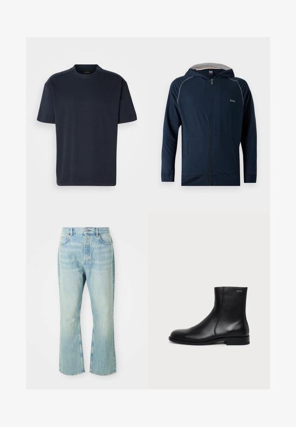 Sweat à capuche zippé bleu marine avec doublure intérieure grise, poches avant, discret liseré blanc sur les épaules et logo "BOSS" sur la poitrine.; T-shirt à manches courtes bleu marine en coton doux ; doté d'un col rond, d'une coupe décontractée et d'un logo de marque subtil au niveau du col.; Jeans évasés en denim bleu clair avec une taille haute, dotés de cinq poches, de passants de ceinture et d'une texture délavée.; Bottine en cuir noir à talon bas, couture latérale et petit logo "HUGO" sur le revers supérieur sur un fond uni.