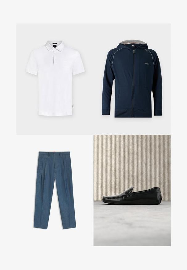 Marineblauwe zip-up hoodie met grijze binnenvoering in de capuchon, frontzakken, subtiele witte bies op de schouders en het "BOSS"-logo op de borst.; Wit poloshirt met korte mouwen, kraag en drie knopen, met een subtiel "BOSS"-logo op de borst en een klein label aan de zijkant.; Blauwe geplooide broek met riemlussen en zijzakken, rechte pijp, plat weergegeven op een witte achtergrond.; Zwarte leren loafers met een glanzende afwerking, ronde neus en decoratieve hardware aan de voorkant. Laag profiel rubberen zool. Gladde textuur.