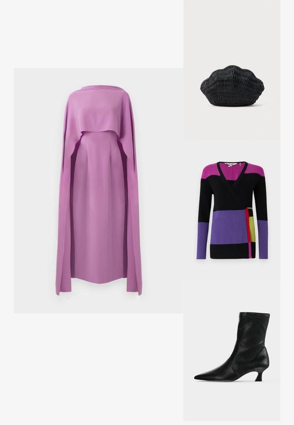 Pull-over coloré à manches longues avec effet cache-cœur, présentant des sections magenta, noir, violet et vert, avec une texture en maille douce et un col en V.; Robe à manches longues en tissu lilas uni, avec un superposition fluide semblable à une cape, présentant un col rond et une silhouette ajustée.; Botte mi-mollet en cuir noir avec bout pointu et petit talon kitten, vue de profil sur un fond clair uni.; Sac à main en osier noir en forme de coquille Saint-Jacques avec un dessus courbé et une texture tressée sur un fond uni.