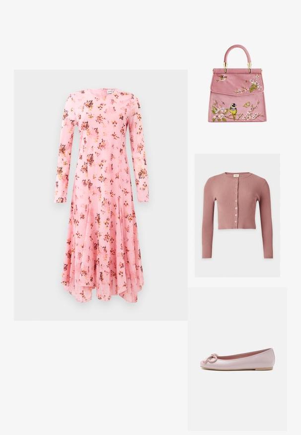 Støvrosa ribbet langærmet cropped cardigan med rund halsudskæring og syv forreste knapper.; Langærmet pink kjole med blomsterprint, der har rund halsudskæring og flagrende kant. Letvægtigt stof med en glat tekstur.; Lyserød lakballerina med rundet tå, snoet snøre sløjfe foran og lav beige sål på hvid baggrund.; Lyserød ruskinds håndtaske med blomsterbroderi, der har fugle og sommerfugle. Guldfarvet hardware og rund top-håndtag. Elegant klaplukning.
