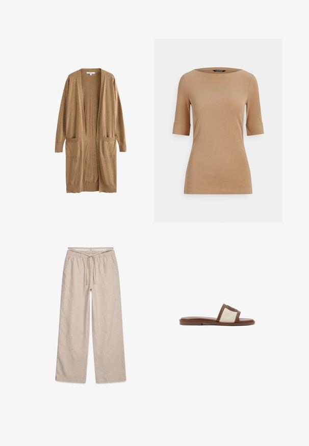 Lang kamelbrun cardigan med åben front, lange ærmer, to forlommer samt ribkant forneden og ved ærmerne.; Lysebrun tætsiddende T-shirt med rund halsudskæring, korte opviklede ærmer og en glat bomuldstekstur. Simpelt design uden synlige mønstre.; Beige bukser med vide ben, elastik i taljen og snøre, forlommer og lille "PEGADOR" logo på højre side.; Brune læderslidesandal med en beige vævet overdel, flad sål og rund tå. Designet inkluderer en logoakcent på remmen.