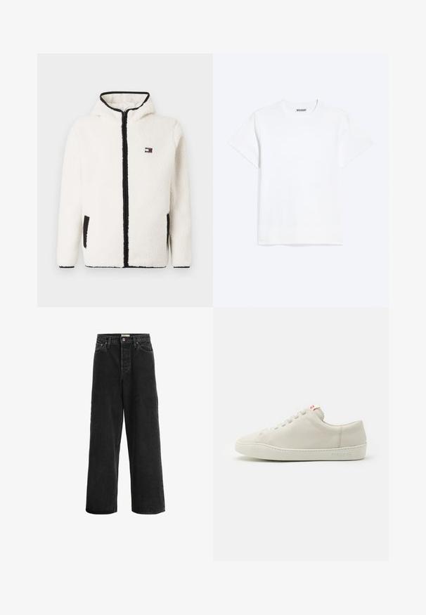 Witte fleece jas met capuchon, zwarte afwerking en ritssluiting. Bevat zijzakken en een klein logo op de borst. Zacht, gestructureerd materiaal.; Effen wit T-shirt met korte mouwen en een ronde hals met een "WEEKDAY" label aan de binnenkant van de achterkraag, getoond op een lichte achtergrond.; Zwarte wijde jeans gemaakt van denim stof. Heeft een hoge taille, twee voorklepjes, een knoopsluiting en subtiele stikseldetails.; Witte leren sneaker met een ronde neus, platte witte zool en een minimalistisch vetersysteem. Kenmerkt zich door een subtiel logo dat aan de zijkant is ingebrand.