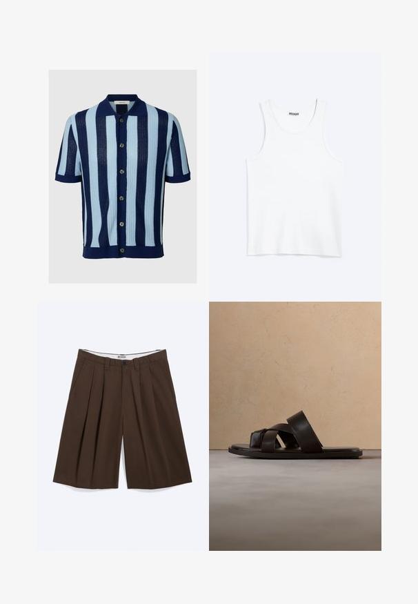 Camisa de punto de manga corta con rayas verticales en azul marino y azul claro, cierre delantero con botones y cuello puntiagudo.; Camiseta sin mangas blanca con cuello redondo y etiqueta de la marca Weekday en el interior del cuello trasero, mostrada plana sobre un fondo claro.; Pantalones cortos marrones plisados hasta la rodilla con bolsillos laterales, trabillas para cinturón y cierre de botón, etiquetados con "WEEKDAY" en la cinturilla interior.; Sandalia deslizante de cuero negro con tres tiras cruzadas, suela plana y textura suave, suspendida sobre una alfombra de fibra natural tejida.