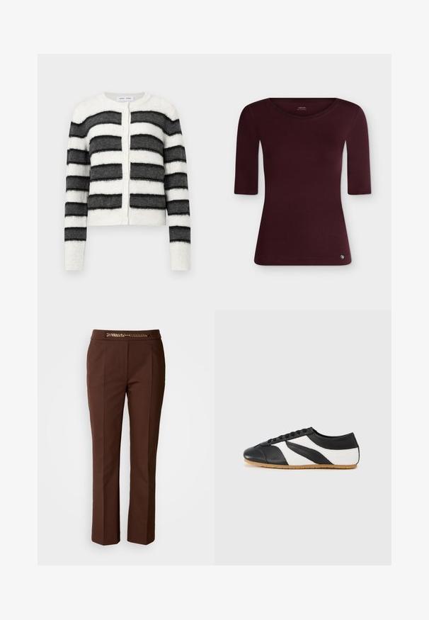 Gilet rayé en tissu doux et texturé. Présente des rayures horizontales noires et blanches alternées, un col rond et une fermeture à boutons.; Haut moulant bordeaux pour femme, à manches trois-quarts et col rond, présenté sur fond blanc uni. Aucun motif ou dessin visible.; Pantalons marron ajustés avec une texture lisse, dotés d'un accent chaîne en or au niveau de la taille et d'une coupe droite.; Baskets noires et blanches au design incurvé, en cuir, avec un embout texturé noir et une semelle en caoutchouc naturel. Fermeture à lacets.