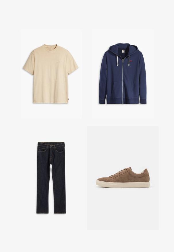 Sweat à capuche zippé bleu marine en mélange de coton, doté d'une capuche doublée, de cordons de serrage, de deux poches avant et d'un petit logo sur la poitrine.; T-shirt en coton beige avec un col rond et des manches courtes. Présente un logo "Levi's" subtil de la même couleur sur la poitrine. Texture douce.; Jean droit en denim bleu foncé avec poches avant, passants de ceinture et coutures orange contrastées, posé à plat sur un fond blanc.; Baskets décontractées en daim marron avec une silhouette basse, semelle en caoutchouc beige et six trous de lacet. Bout rond et design minimaliste.