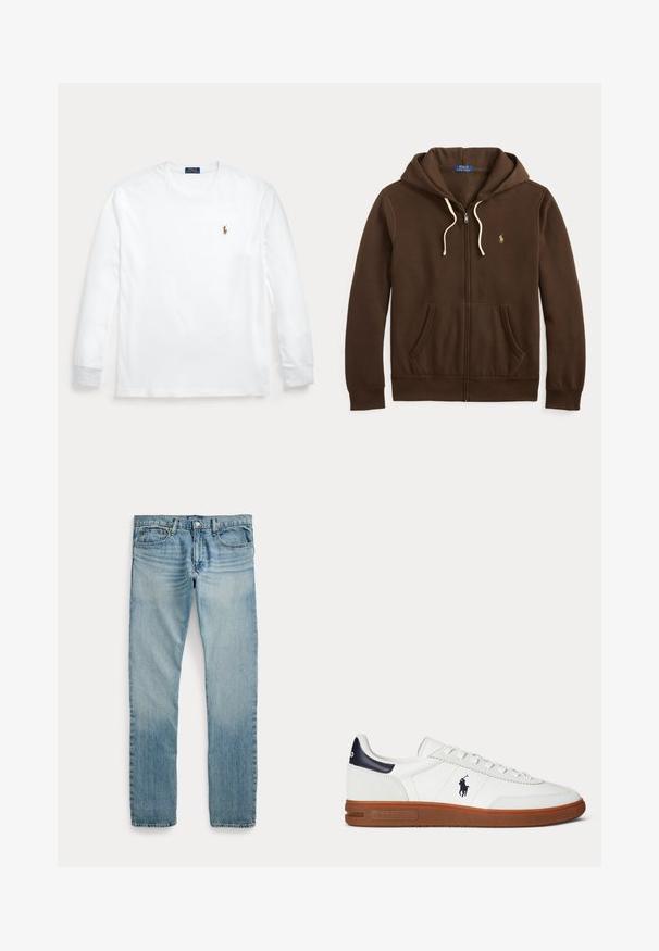 Bruine zip-up hoodie van katoen. Voorzien van een voorzak, capuchon met koordjes en geborduurd logo op de borst. Crèmekleurige koordjes.; Witte longsleeve met ronde hals en klein geborduurd Polo Ralph Lauren-logo op de linkerborst.; Lichtblauwe rechte spijkerbroek met vijf zakken, knoopsluiting en subtiele vervaagde details rond de dijen en knieën.; Witte lage sneaker met bruine zool, zwarte hielpatch, geborduurd logo van een polo-speler en witte veters.