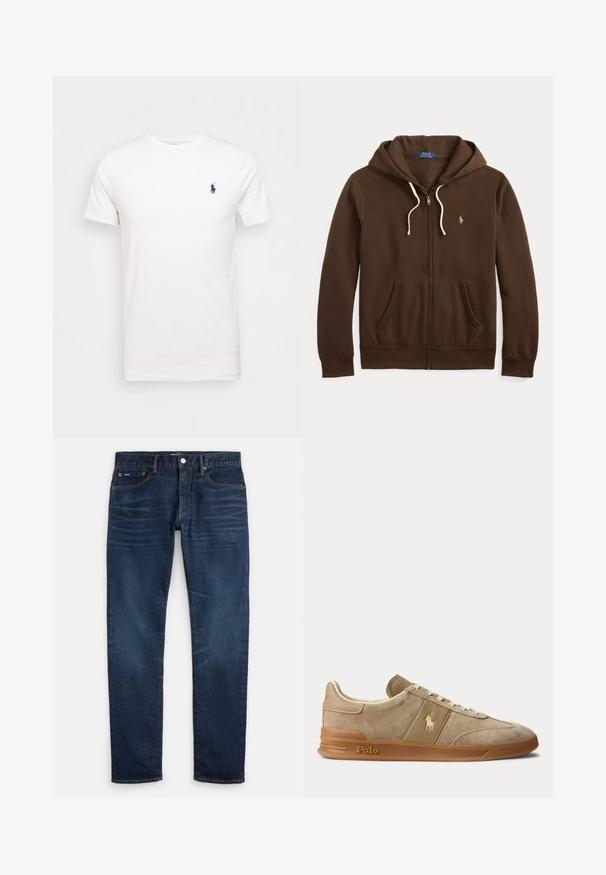Brun zip-up hoodie lavet af bomuld. Har en frontlomme, hætte med snor og broderet logo på brystet. Cremefarvede snore.; Hvid bomulds t-shirt med rund hals. Har et lille mørkeblå logo på venstre bryst. Korte ærmer, glat tekstur.; Mørkeblå slim-fit jeans med subtil falmning på lårene, fem-lomme-design og knaplukning ved taljen.; Beige ruskind og læder lav-top sneaker med gummisål, hvide snørebånd og Polo-logo på siden og sålen.