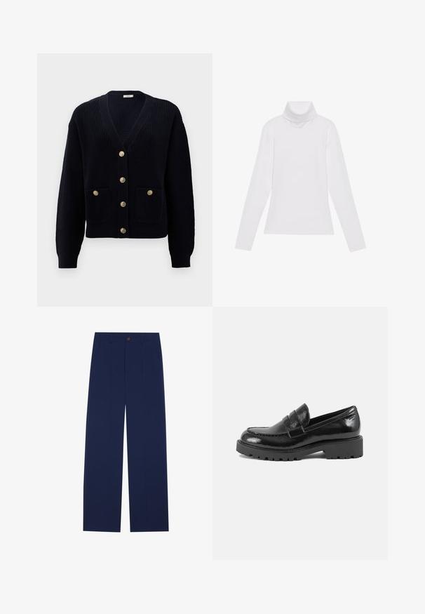 Marineblauwe geribde cardigan met een V-hals, voorzien van zes gouden knopen en twee voorzakken. Zachte textuur en aansluitende manchetten maken het ontwerp compleet.; Witte lange mouw turtleneck top gemaakt van glad, elastisch materiaal. Voorzien van een hoge kraag en een getailleerd ontwerp, zonder zichtbare patronen of versieringen.; Marineblauwe wijde broek gemaakt van gladde stof, met voorzakken, een knoopsluiting en een tailormade ontwerp met plooien.; Zwarte laarsjes van patentaal leer met een gestructureerde neus, een decoratieve band over de wreef en een dikke, robuuste zool. Gladde, glanzende afwerking.