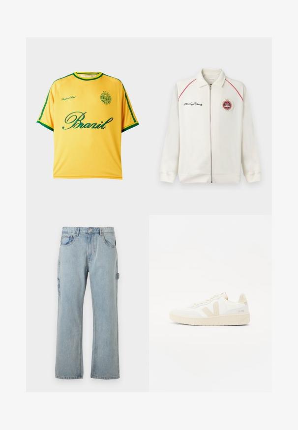 Veste blanche zippée avec passepoil rouge sur les épaules, inscription noire brodée sur la poitrine gauche et écusson rond sur la poitrine droite.; Maillot de sport jaune à manches courtes avec bordure verte, inscription "Brazil" en vert, et un petit emblème circulaire avec des étoiles et du texte sur la poitrine.; Pantalon cargo en denim bleu clair avec une coupe décontractée, doté de poches latérales, d'une coupe droite et de détails de couture visibles.; Sneaker blanche avec des accents beiges, présentant un dessus texturé, un bout rond et une semelle en caoutchouc épaisse. Le design inclut le logo V iconique et le branding.