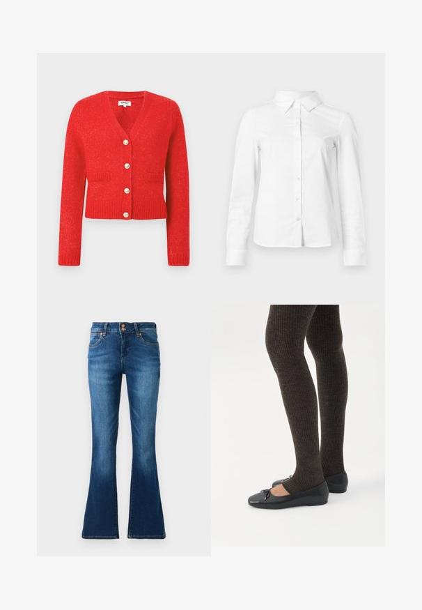 Rode gebreide cardigan met een V-hals, geribbelde zoom en lange mouwen. Voorzien van vijf grote parelachtige knopen en twee voorzakken.; Witte blouse met lange mouwen en knopen, met puntige kraag, rechte zoom en aansluitende silhouet, weergegeven op een effen lichte achtergrond.; Blauwe denim flared jeans met voorzakken, ceintuurlussen en dubbele knoopsluiting, weergegeven op een effen achtergrond.; Benen met donkere geribbelde leggings gecombineerd met zwarte ballerina's met kleine strikdetails op een witte achtergrond.