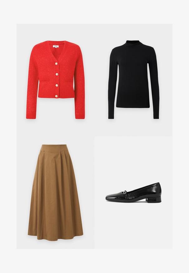 Rød strikket cardigan med V-hals, ribbet kant og lange ærmer. Har fem store perle-lignende knapper og to forlommer.; Sort langærmet turtleneck skjorte lavet af glat stof; tætsiddende design med høj krave og ingen synlige sømme. Enkel, ensfarvet.; Brun bomulds A-linjeet nederdel med høj talje, præget af læg foran og en glat tekstur. Endeafslutningerne er enkle og rene.; Sorte patentlæder balletflade med spids tå, lav firkantet hæl og en lille metallisk spænde detalje på remmen. Glat tekstur.