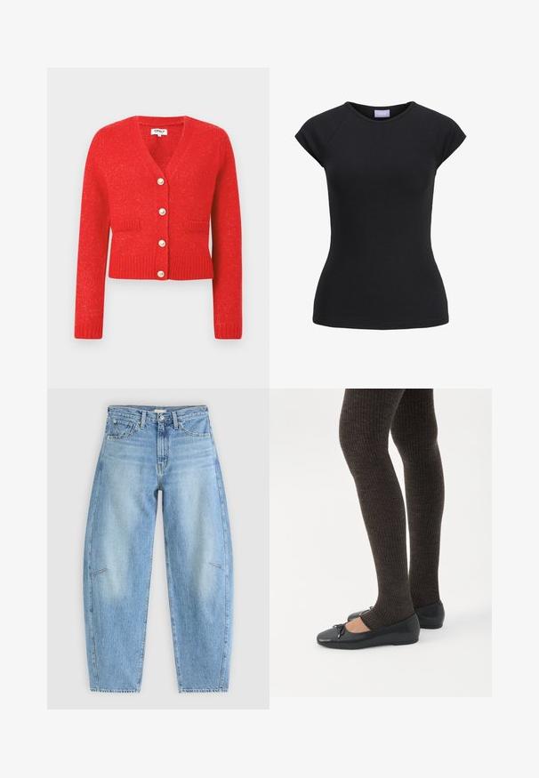 Rød strikket cardigan med V-hals, ribbet kant og lange ærmer. Har fem store perle-lignende knapper og to forlommer.; Sort tætsiddende T-shirt med korte ærmer, rund udskæring og lilla mærke med brandnavn indvendigt i kraven.; Lyseblå denimjeans med en afslappet pasform, der har høj talje, lige ben og diskrete syninger på frontlommen.; Ben iført mørke ribbede leggings kombineret med sorte balletsko med små sløjfedetaljer på hvid baggrund.