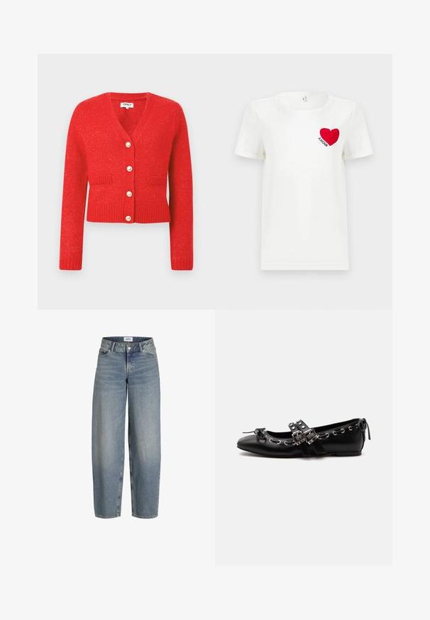 Rode gebreide cardigan met een V-hals, geribbelde zoom en lange mouwen. Voorzien van vijf grote parelachtige knopen en twee voorzakken.; Witte T-shirt met korte mouwen met een rode hart en het woord "AMOUR" gedrukt op de linkerkant van de borst.; Lichtblauwe, losse jeans met een hoge taille, gemaakt van denimstof. Bevat vijf zakken en een traditionele knoop-en-ritsluiting.; Zwarte platte balletschoen met dubbele gespsluitingen, zilveren oogjes en een klein strikje nabij de afgeronde neus op een witte achtergrond.