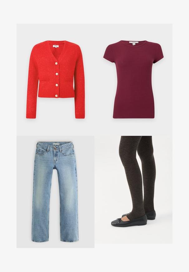 Cardigan en tricot rouge avec un décolleté en V, un ourlet côtelé et des manches longues. Il présente cinq grands boutons ressemblant à des perles et deux poches avant.; Haut violet côtelé à manches courtes avec encolure ronde, silhouette ajustée et texture unie, présenté sur un fond uni.; Jeans droits bleu clair en denim, dotés d'une fermeture à bouton, de cinq poches et d'un léger dégradé le long des jambes.; Jambes portant des leggings côtelés foncés associés à des ballerines noires avec de petits détails en nœud sur fond blanc.