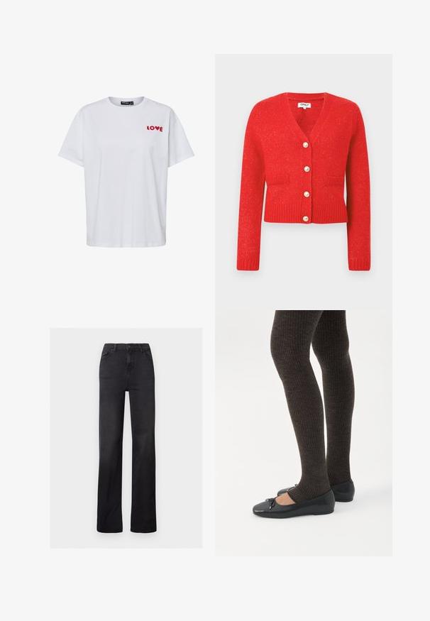 Rode gebreide cardigan met een V-hals, geribbelde zoom en lange mouwen. Voorzien van vijf grote parelachtige knopen en twee voorzakken.; Wit T-shirt met korte mouwen en rode "LOVE" tekst op de linkerborst, waarbij de letter "O" is vervangen door een hartvorm.; Zwarte denim recht gesneden jeans met een hoge taille, vijf-pocket ontwerp en zichtbare stiksels. Glad oppervlak met een licht vervaagde afwerking.; Benen met donkere geribbelde leggings gecombineerd met zwarte ballerina's met kleine strikdetails op een witte achtergrond.