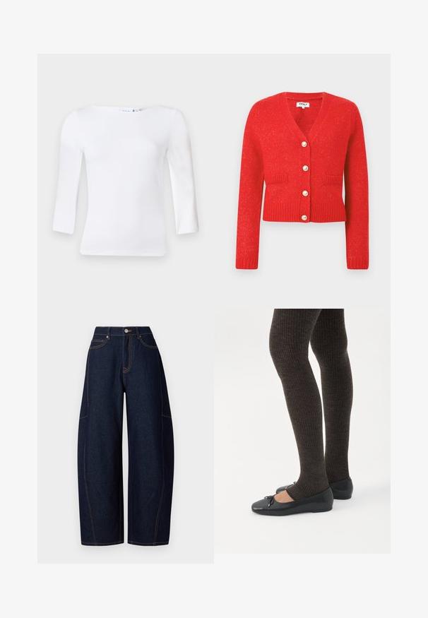 Rode gebreide cardigan met een V-hals, geribbelde zoom en lange mouwen. Voorzien van vijf grote parelachtige knopen en twee voorzakken.; Wit langemouwtop met een vierkante halslijn, gemaakt van een soepele katoenmix, met aansluitende mouwen en een licht gebogen zoom.; Brede donkerblauwe denim broek met contrasterende oranje stiksels, vijf zakken en een knoop- en ritssluiting aan de taille.; Benen met donkere geribbelde leggings gecombineerd met zwarte ballerina's met kleine strikdetails op een witte achtergrond.