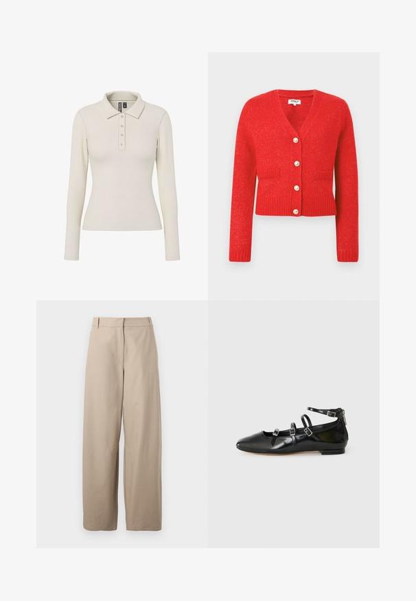 Rød strikket cardigan med V-hals, ribbet kant og lange ærmer. Har fem store perle-lignende knapper og to forlommer.; Langærmet polo-shirt i off-white ribbet stof med kravehals og fem metalknapper foran. Tætsiddende design.; Beige, brede bukser lavet af bomuld. Har flad front, to sidelommer og en glat tekstur. Enkel, funktionel design.; ALDO NELTA - Ballerinasko - black