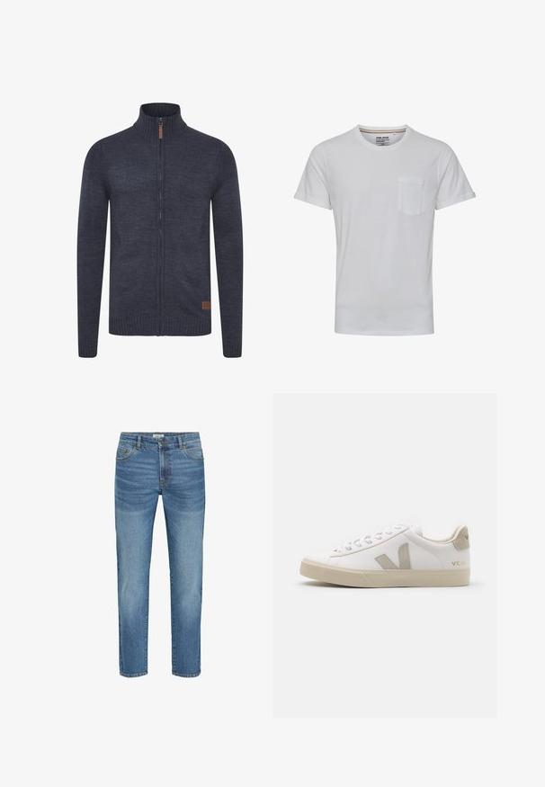 Marineblauer Strickpullover mit hohem Kragen, durchgehendem Reißverschluss, gerippten Bündchen und Saum. Leder-Akzent-Label in der linken unteren Ecke.; Weißes Kurzarm-T-Shirt mit rundem Halsausschnitt und einer Brusttasche. Aus einem weichen Stoff gefertigt, mit umgeschlagenen Ärmeln und einem lockeren Schnitt.; Hellblaue Jeans aus Denim mit klassischem geradem Bein, ausgestattet mit fünf Taschen, Metallknopfverschluss und leichtem Verblassen des Stoffes.; Weiße Ledersneaker mit beigen Akzenten, flacher Gummisohle, runder Zehenpartie und kontrastierendem Logo an der Seite und Rückseite. Mit Schnürdesign.