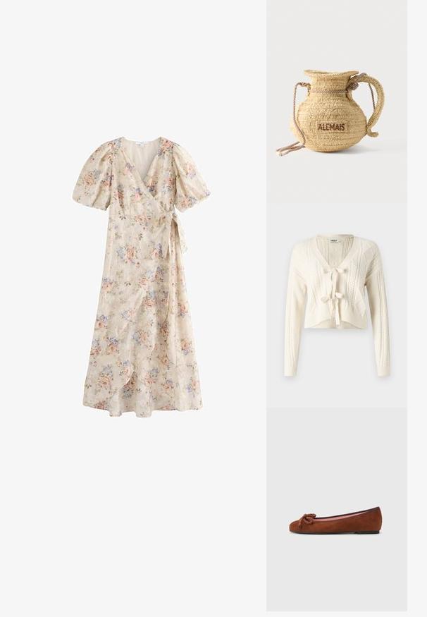 Strik en kort cardigan i off-white, med V-hals, kabelmønstre og frontlukning med knude. Blød tekstur med lange ærmer.; Lyse beige omslagskjole med pufærmer, blomsterprint i pink og blå og bindebælte i taljen, midi længde med overlappende forpaneler.; Brune ruskind balletflats med rund tå, forsynet med en dekorativ knude foran og en kontrasterende pink indersål. Flad sål.; Rund flettet stråtaske med håndtag af reb og "ALEMAIS" broderet på siden med brunt garn.